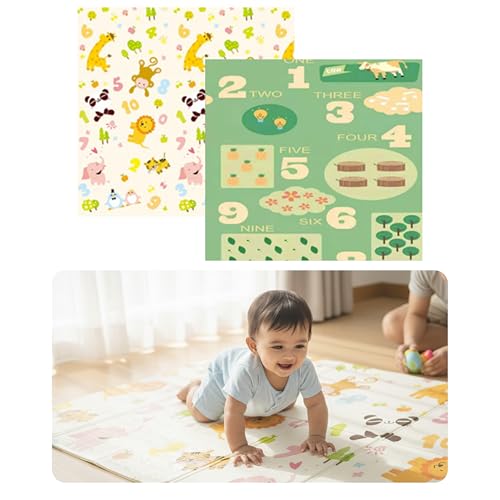 Image of Kids Station Double-Sided Waterproof Baby Playmat - Foldable, Portable & Reversible Foam Mat for Infants, Toddlers & Kids - Soft, Non-Slip, Easy-to-Clean Baby Crawling Mat for Indoor /Outdoor Use (200x150x0.8cm, Animal 1,2,3 Count & Coin Print)
