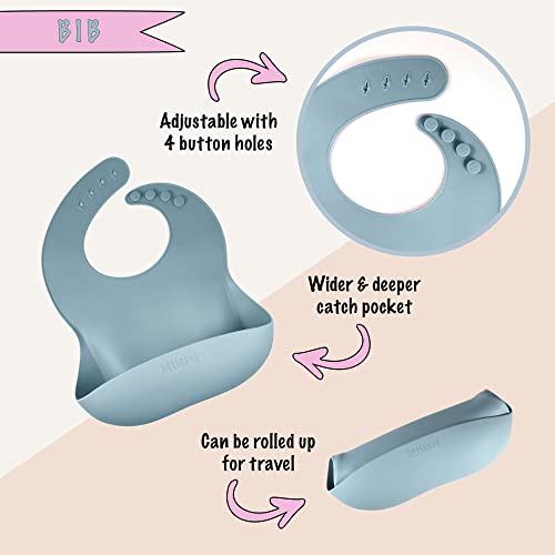 Littlesol Baby Led Weaning Supplies - Complete Silicone Baby Feeding Set - Includes Baby Plate, Spoon, Fork, Bib, Bowl, Water & Snack Cup - Food Grade Silicone Bpa Free - Dishwasher Safe (Dusty Blue) #TOP5