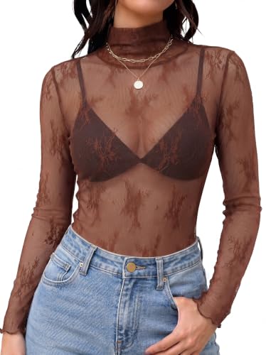 OFEEFAN Mesh Long Sleeve Tops for Women Sheer Undershirt Country Concert Western See Through Tee Shirts Trendy Turtleneck Elegant Blouses Lightweight Outfits Flower Lace Floral Brown S