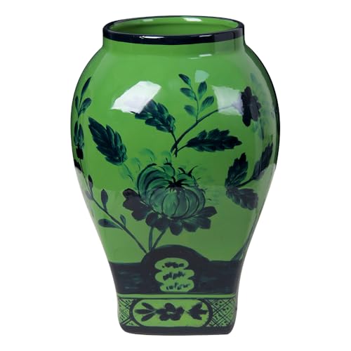 Andaliz Green Floral Ceramic Vase with Black Pattern, Hand-Painted Oriental