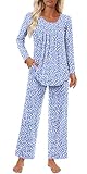 Findsweet Women's Pajama Set 2 Piece Lounge Outfits Soft Sleepwear Fall Long Sleeve Long Pant With Pockets Ladies Pjs XL, Speckled Blue