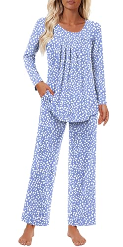 Findsweet Women's Pajama Set 2 Piece Lounge Outfits Soft Sleepwear Fall Long Sleeve Long Pant With Pockets Ladies Pjs XL, Speckled Blue