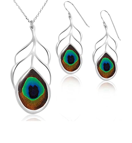 925 Sterling Silver Peacock Feather Necklace Bohemian Pendant And Small Artisan Drop Earrings Handmade Polymer Clay Jewelry Set For Women, 20" Chain #TOP5
