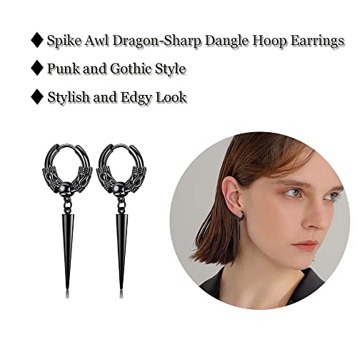 Men's Fashion Korea Style Stainless Steel Huggie Hinged Hoop Earrings with Long Chains Dangle Retro Feather Leaf Skull Awl for Men Women Boys2