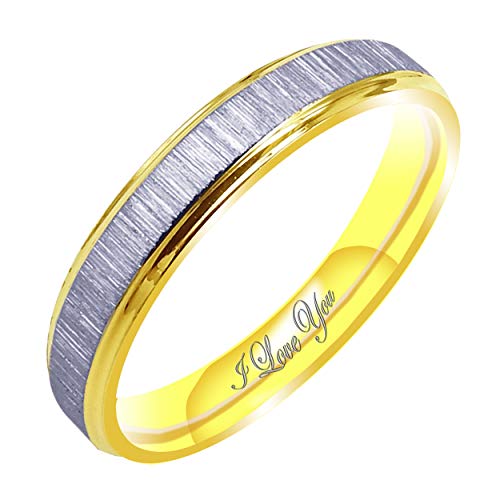 Everstone Women's Matte & Brushed 4MM Flat Promise Ring Wedding Bands Titanium Ring Two Tone Color: Yellow Gold & Platinum Engraved I Love You