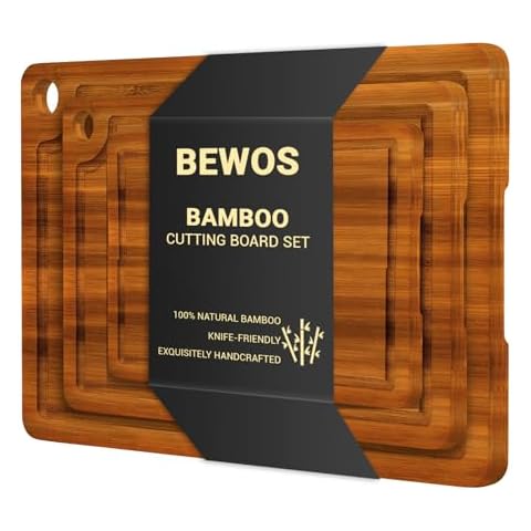 BEWOS 3 PCS Bamboo Cutting Boards Set with Hanging Hole - Wooden Cutting Board with Handles & Juice Grooves, Wooden Cutting Board for Kitchen, Ideal for Slicing Meat, Vegetables, Cheeses and Bread Cover