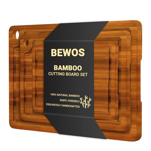 BEWOS 3 PCS Bamboo Cutting Boards Set with Hanging...