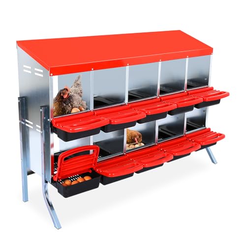Garvee Chicken Nesting Boxes, 10 Hole Metal Chicken Laying Box with Removable Trays and Roll Out Egg Collection for Chicken Coop, with Metal Legs, Red