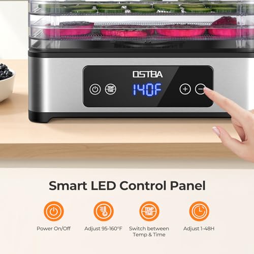 Image of OSTBA Food Dehydrator with 5 Stainless Steel Trays, 400W Food Dryer Machine, 48H Timer & Temp Control 160F Max, 360 Airflow, BPA-Free, Quiet Operation, Recipes for Jerky, Fruit, Herbs, Pet Treats