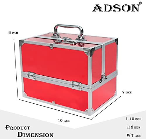 Image of Adson Professional Beauty Make Up Cosmetic Vanity Box /Case 6 Trays With Mirror (Diamond Cut Red)