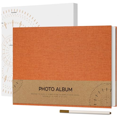 Vienrose Selbstklebend 10x15 Fotoalbum zum Selbstgestalten und Einkleben, Klein Leinen Fotobuch 60 weißen Seiten, Jahrestag Fotoalben mit Einem Kugelschreiber, 21,5x30cm, Orange