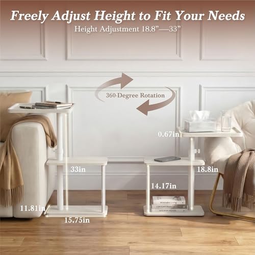 Image of Faesun C Table End Table Adjustable Height, 360Swivel TV Tray Table for Small Spaces, Small Nightstand for Living Room, Bedroom, White