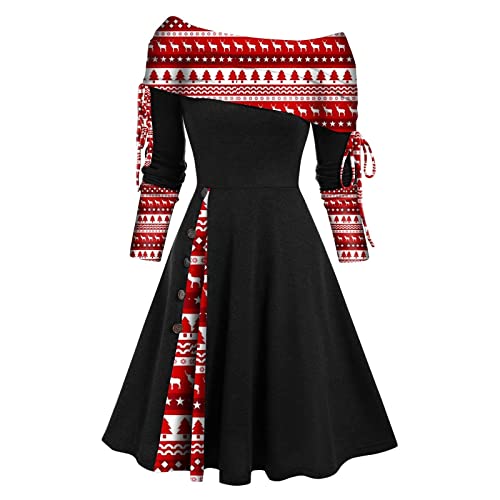 Weihnachtskleid Damen Rot Kariertes Midikleid A Linie Swing Abendkleid Elegante Langarm Tunika Coctailkleid 50er Jahre Rockabilly Kleider...