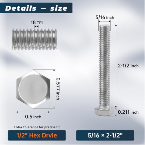 Image of 8 Sets Glvaner 5 /16-18 x 2-1 /2 inch Stainless Steel Hex Head Screws Bolts, Nuts, Flat & Lock Washers, 18-8 (304) Stainless Steel, Full Thread, Coarse Thread