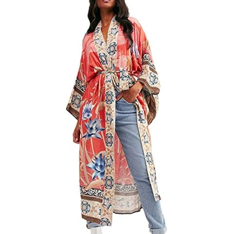 LikeJump Women's Long Floral Kimono Dressing Gown Beach Bikini Cover-Ups Maxi Dress Plus Size Summer Robe Orange Cover