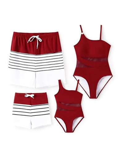 PATPAT Family Matching Swimsuits: Boys' Bathing Suit Quick-Dry Swim Trunks with Elastic Waistband - Daddy and Son Matching Beach Board Shorts for Summer Vacations, Burgundy, Boy, 3-4 Years