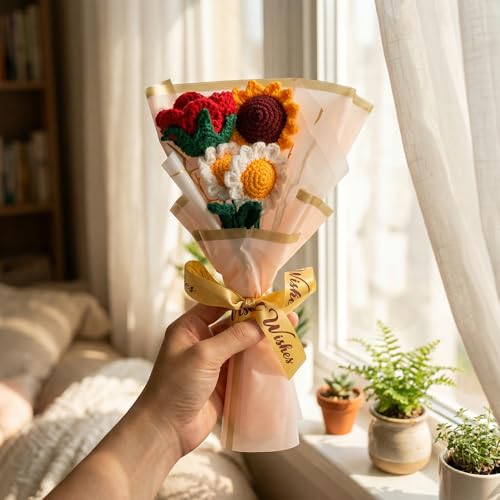 Image of HindCraft Handmade Crochet Flower Bouquet | Crochet Rose Sunflower Daisy Bouquet | Artificial Forever Flowers for Birthday, Anniversary, Valentine Gift, Room Decor