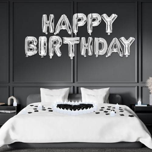 Image of Black and Silver Happy Birthday Balloons Decorations Happy Birthday Letter Balloons Banner with 24pcs Flameless LED Candles and 2000pcs Artificial Rose Petals for Women Men Room Party Decor