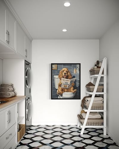 Image of Cocker Spaniel on Toilet Black Framed Wall Art Print Poster, Dog Bathroom Humor Decor Posters Prints for Restroom Home Picture Painting Artwork Gallery 7 (Cocker Spaniel, 10 inchL x 8 inchW, Black Frame)