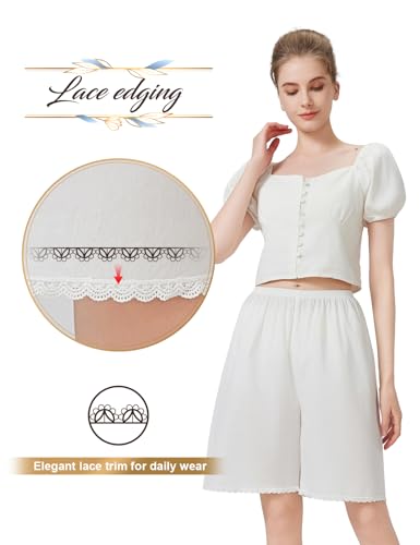 Image of Women Cotton Half Slip Pettipants for Under Dress with Lace Trim Victorian Pajama Pants