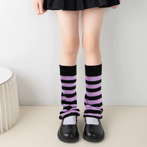 Image of Black and Purple Striped Leg Warmers for Women Girls,Y2K Leg Warmer Harajuku Fashion Knitted Leg Warmers Lolita Socks Kawaii 80s Party Accessories