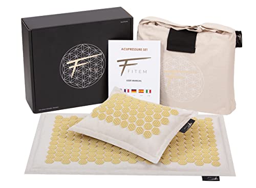 Fitem Set di agopressione di alta gamma e naturale, tappetino per cupressione + cuscino + borsa, allevia dolore alla schiena e al collo, rilassamento muscolare - brevettato (Dune)