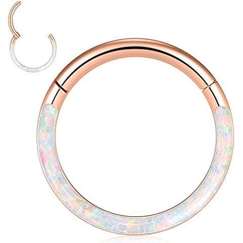 Longbeauty 1.2 mm CZ Cartilage Earring Hoop Rose Gold/Silver 316L Stainless Steel Septum with Opal Nose Rings Daith Helix Tragus Piercing Jewellery Blue White Pink Purple, Stainless Steel, Opal Cover