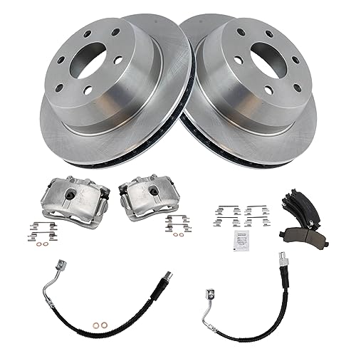 Image of TRQ Rear Brake Pad, Caliper, Hose, & Rotor Kit Ceramic Compatible with 2003-2009 Chevrolet Express 1500 2003-2013 GMC Savana 1500