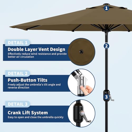 9Ft Patio Umbrella - 8 Sturdy Ribs Outdoor Table Umbrella with Crank Lift & Push Button Tilt - Market Umbrella for Pool, Deck, Yard, Garden - Taupe