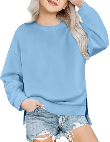 Image of Arshiner Girls Crewneck Sweatshirt Long Sleeve Pullover Tops Drop Shoulder Sweatshirts Side Split