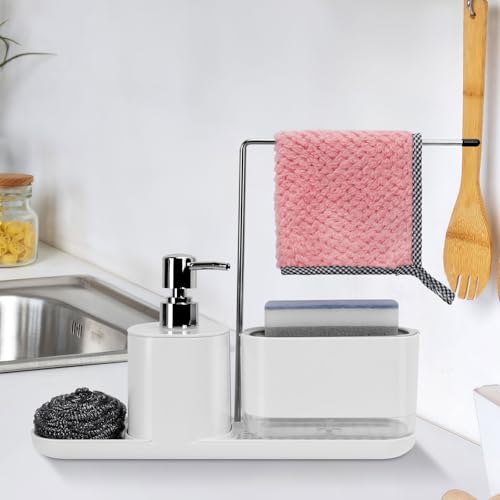 TOTSUN Sink Organiser, Kitchen Dishwashing Liquid Dispenser Set, Soap Dispenser Set, 3 in 1 Soap Dispenser Kitchen Sponge Holder, Sink Organiser for Kitchen Sink White - Image 7