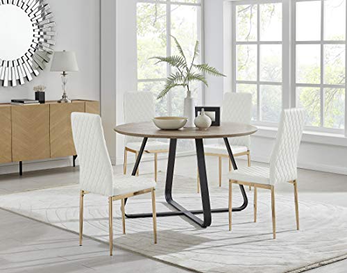 Image of Furniturebox UK Santorini Round Brown Wood Effect and Black Curved Cross Over Leg 6 Seater Kitchen Dining Table & 4 White Faux Leather Gold Leg Milan Dining Chairs