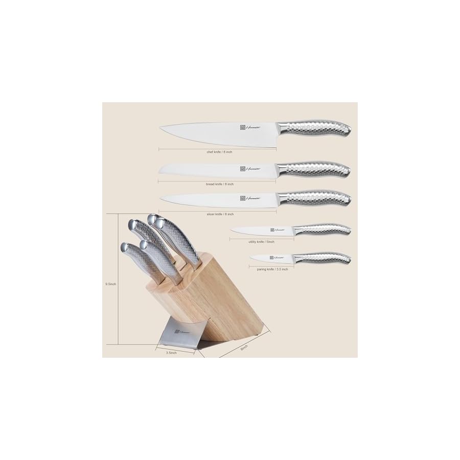 Hanmaster Kitchen Knife Set, One-piece Stainless Steel Knife Sets for Kitchen with Block, 6 Pieces Solid Natural Wood Knife Block Set, Box Packed, Silver.