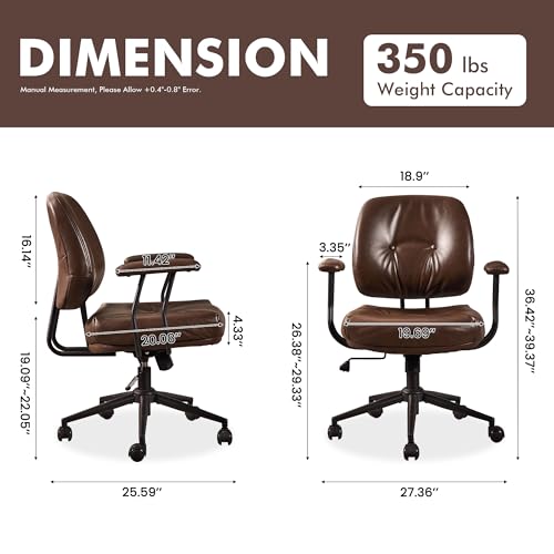 Image of Leather Home Office Chair, Mid Back Ergonomic Desk Chair with Lumbar Support, Mid Century Modern Deep Seat Swivel Rocking Computer Chair, Dark Brown