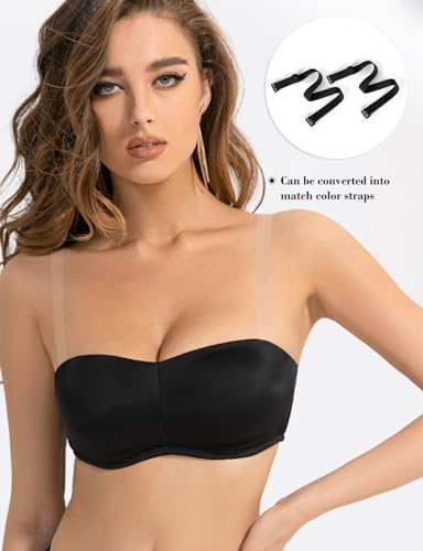 Amafuur Strapless Minimizer Bra Seamless Bandeau With Clear Strap Convertible Underwire Bras For Large Bust Black 36F thumb #2