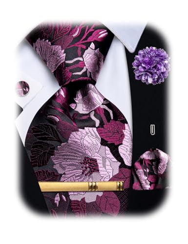 Image of YourTies Silk Paisley Floral Tie and Pocket Square Cufflinks with Lapel Pin Sets for Men 5PC Wedding Party