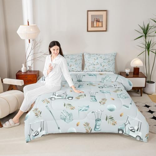 Image of Feelyou Blue Golf Comforter Set Toddler Size Leaves Bedding Set for Kids Boys Girls Sports Golfing Theme Duvet Quilt Bedroom Decor Microfiber 2 Pcs with 1 Pillow Cases