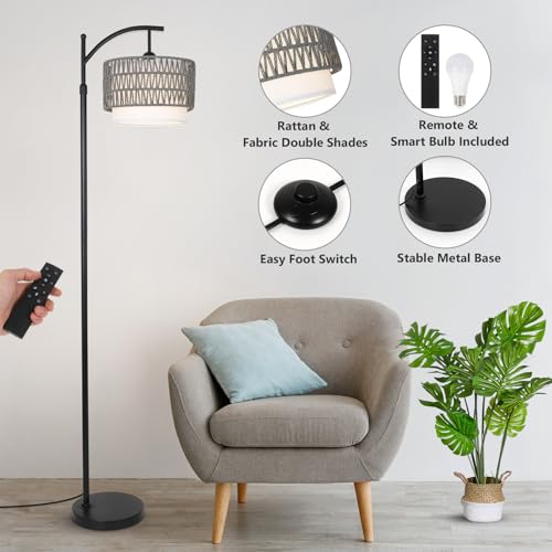 Image of eyassi Floor Lamps for Living Room, Arc Standing Lamp with Remote & Dimmable Bulb, Boho Rattan Floor Lamp for Bedroom with 3 Color Temperatures, Farmhouse Tall Lamp, Height Adjustable Stand up Lamp