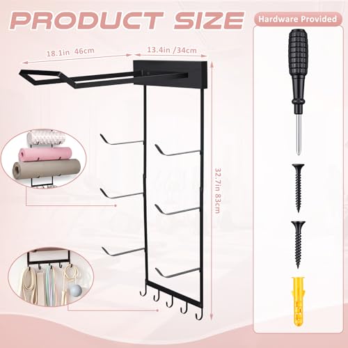 Image of Geelin Yoga Mat and Ball Holder Wall Mount, 4-Tier Yoga Mat & Ball Storage Rack, Home Gym Organizer, Black Metal Floating Shelf for Hanging Foam Rollers & Resistance Bands (5 Hooks Style,Black)