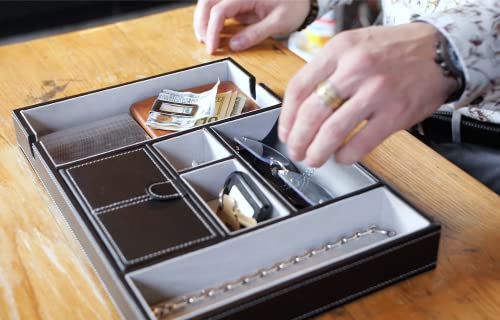 HOUNDSBAY Leather Valet Tray for Men, 6 Compartment Nightstand Organizer, Catchall Dump Station, Key Holder, Perfect with Nightstand with Charging Station