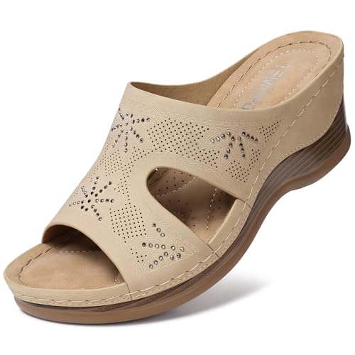 Image of TEMOFON Women Wedge Sandals Dressy: Comfortable Lightweight Summer Shoes | Low Wedge Heel - Fit Wide Feet - Comfy Stylish Slip on Sandals Size 5-11