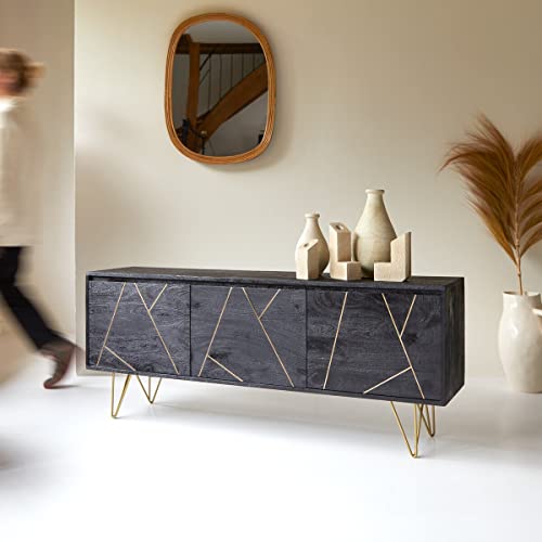 Image of The Attic Clapham TV Cabinet|Solid Wood Sideboard TV Cabinet for Living Room | Wooden Free Standing TV Unit Side Board Table with Storage|Black Matte Finish