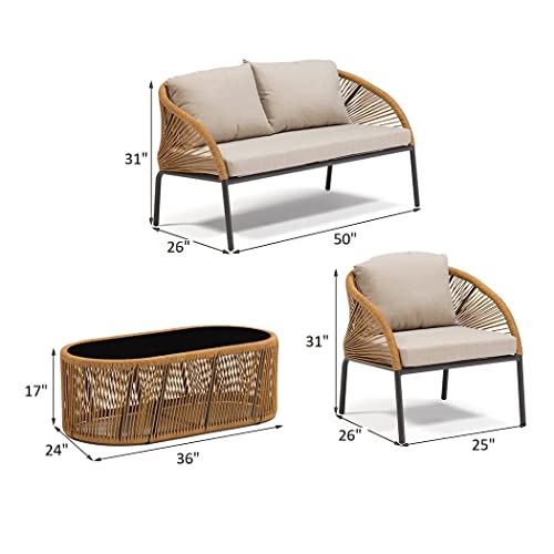 Image of DEVOKO Outdoor 4 Piece Patio Garden Rope Sectional Sofa Set with Glass Top Table All Weather Conversation Furniture for Porch, Backyard, Terrace (Beige & Grey)