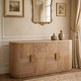 Merax 58.3' Modern Sideboard Buffet with Storage, Ash Wood Grain Finish, 4 Doors, 2-Adjustable Interior Shelf & 4 Cubby Spaces, Iron Base, Metal Handles for Dining Room & Living Room, Natural
