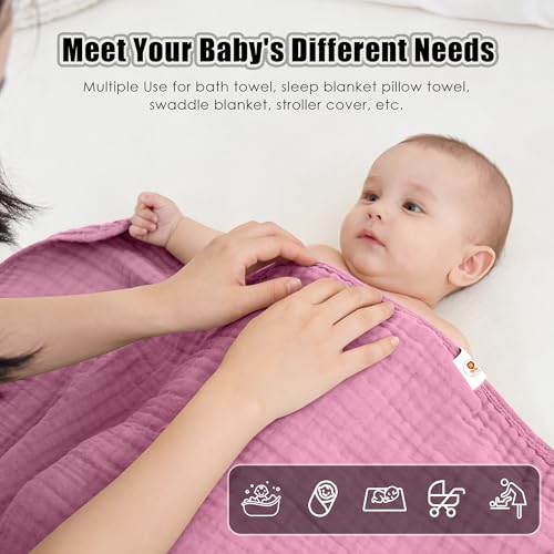 Image of Sunny zzzZZ Muslin Hooded Baby Bath Towels - 3 Pack 100% Cotton Soft Low-Saturation Pastel Towels Including Classic White for Newborns, Infants, Toddlers - 32x32 Inch - Deep Sakura and White