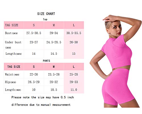 Imekis Women's Seamless Yoga Outfits Two Pieces Workout Short Sleeve Crop Top Sports Bra + High Waisted Running Shorts Sets Biker Activewear Athletic Fitness Gym Sexy Active Tracksuit Hot Pink Medium #TOP4