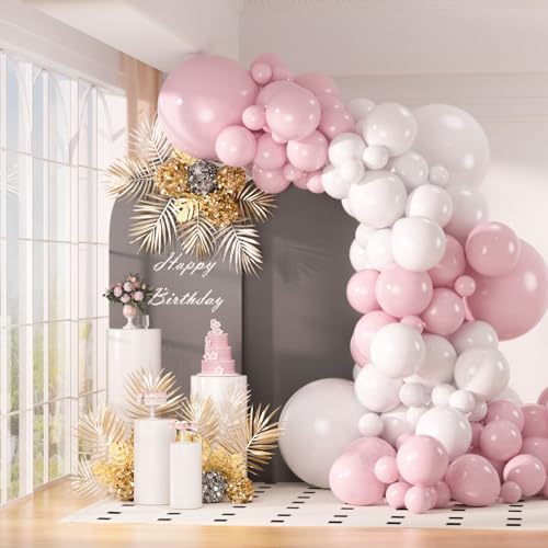 Image of 130Pcs 18 /12 /10 /5 Inch Pastel Pink and White Balloon Garland Arch Kit | Different Sizes White and Pink Latex Balloons for Baby Shower, Princess Birthday, Wedding Arch Decor