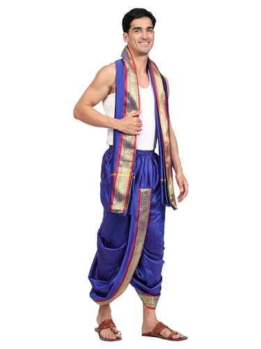 Image of Rameshwaram Fabrics Readymade Dhoti for Men, Velcro Style Stitched Mens Silk Dhoti Pant with Stole Set