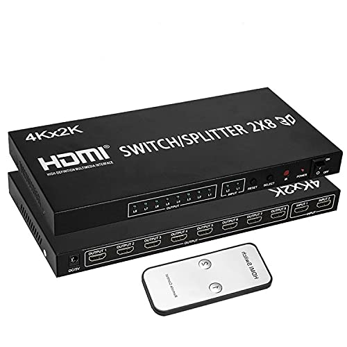 2X8 HDMI Splitter, Full HD 4K Video HDMI Switcher 2x8 Split 2 in 8 out Pantalla Dual para PS3 Xbox PC a HDTV Monitor Proyector con alimentación