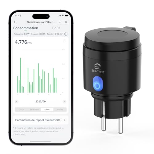 EIGHTREE Prise Wi-Fi d'extérieur avec minuterie d'extérieur avec mesure du courant IP44 étanche avec minuterie, télécommande et commande vocale,...